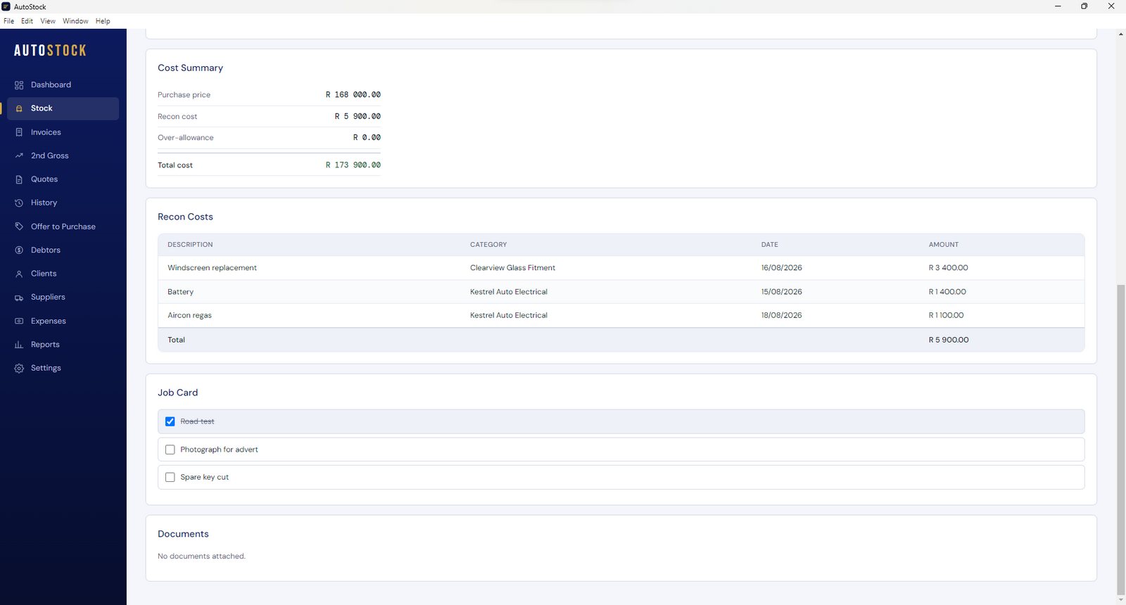 A vehicle record in AutoStock with its recon costs and job card.
