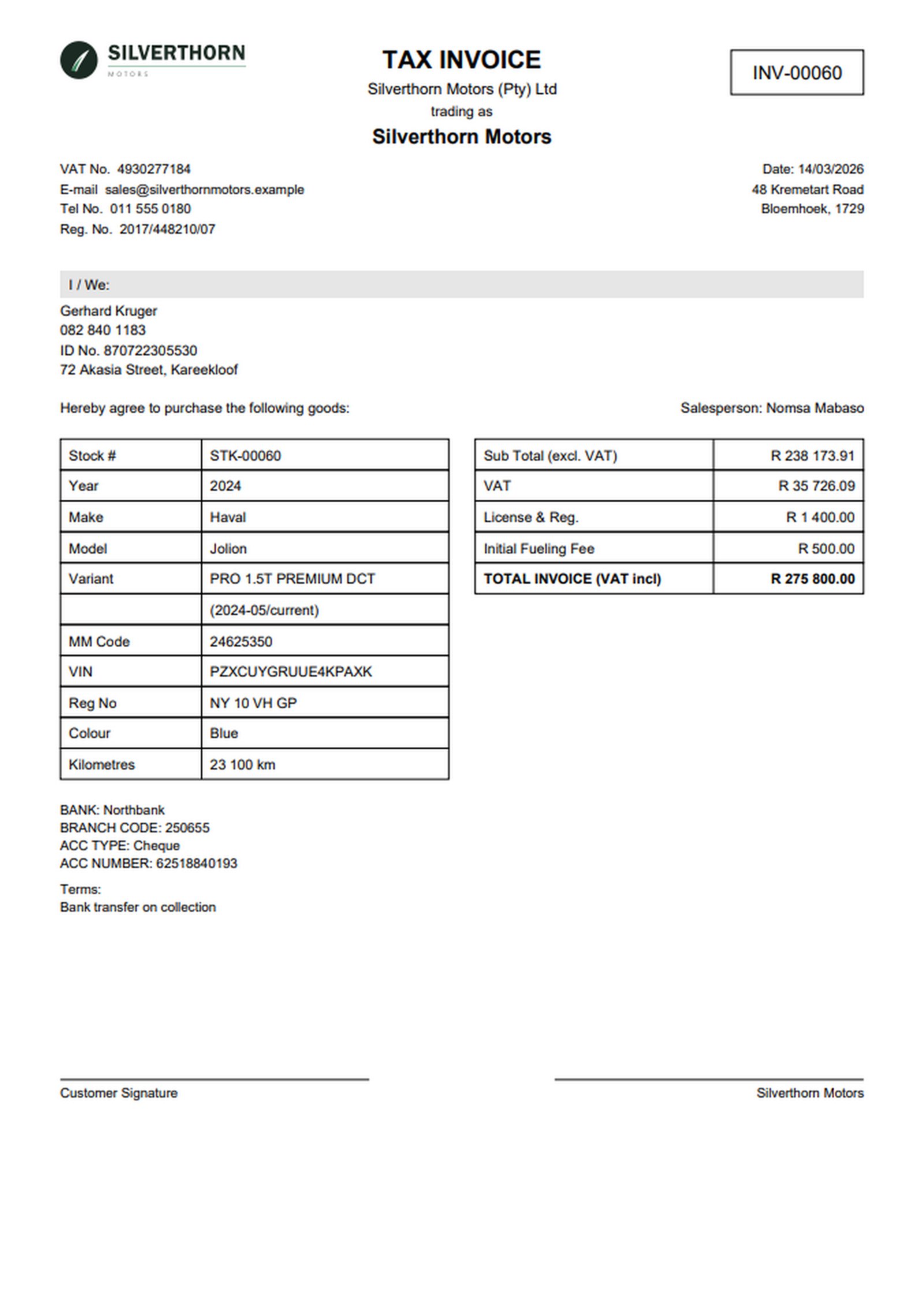 A printed vehicle invoice produced by AutoStock.