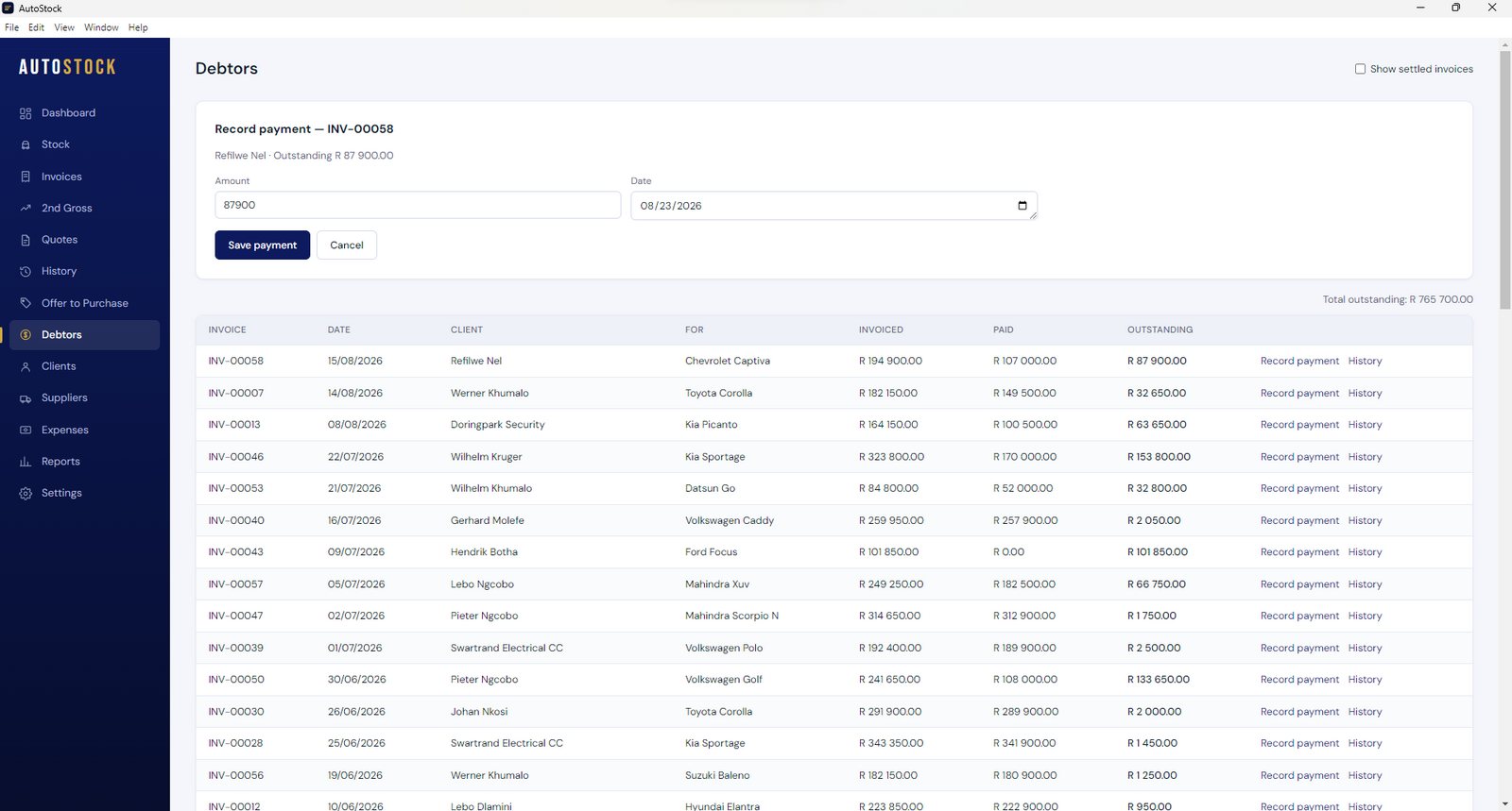 The AutoStock debtors panel showing outstanding balances.