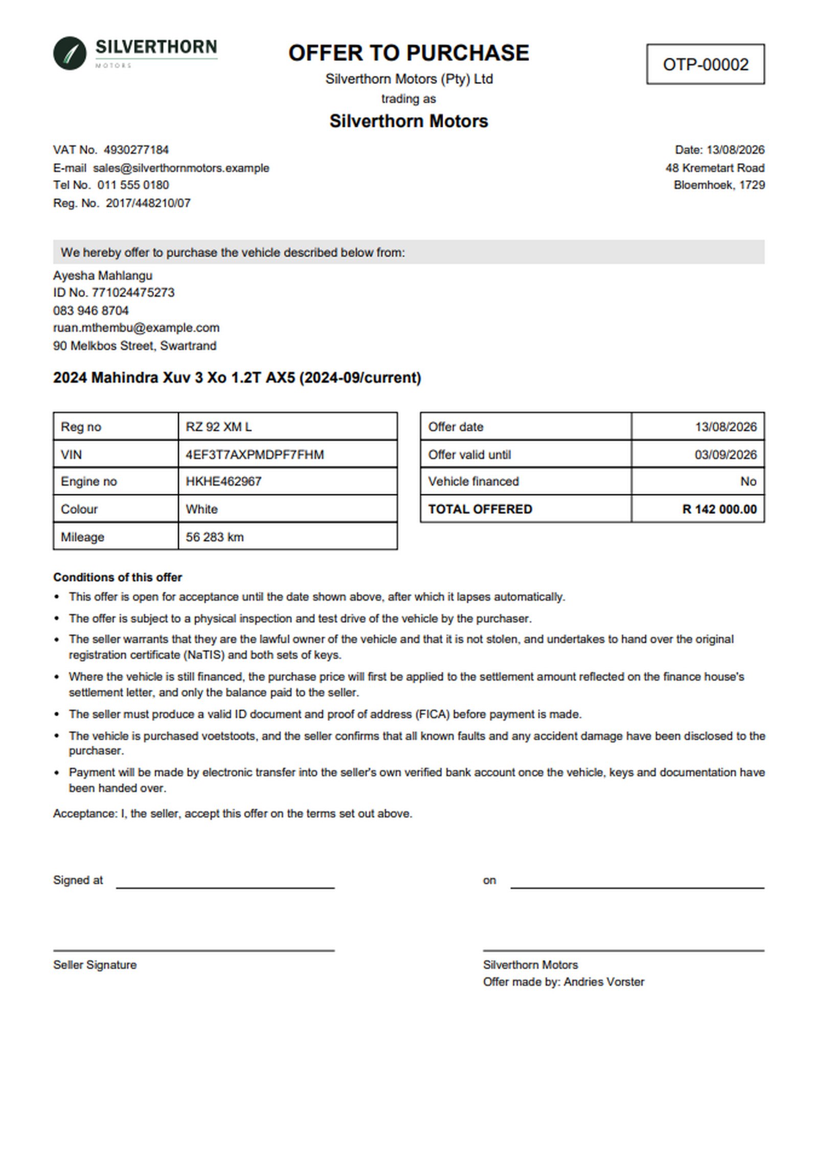 An Offer to Purchase document generated by AutoStock.